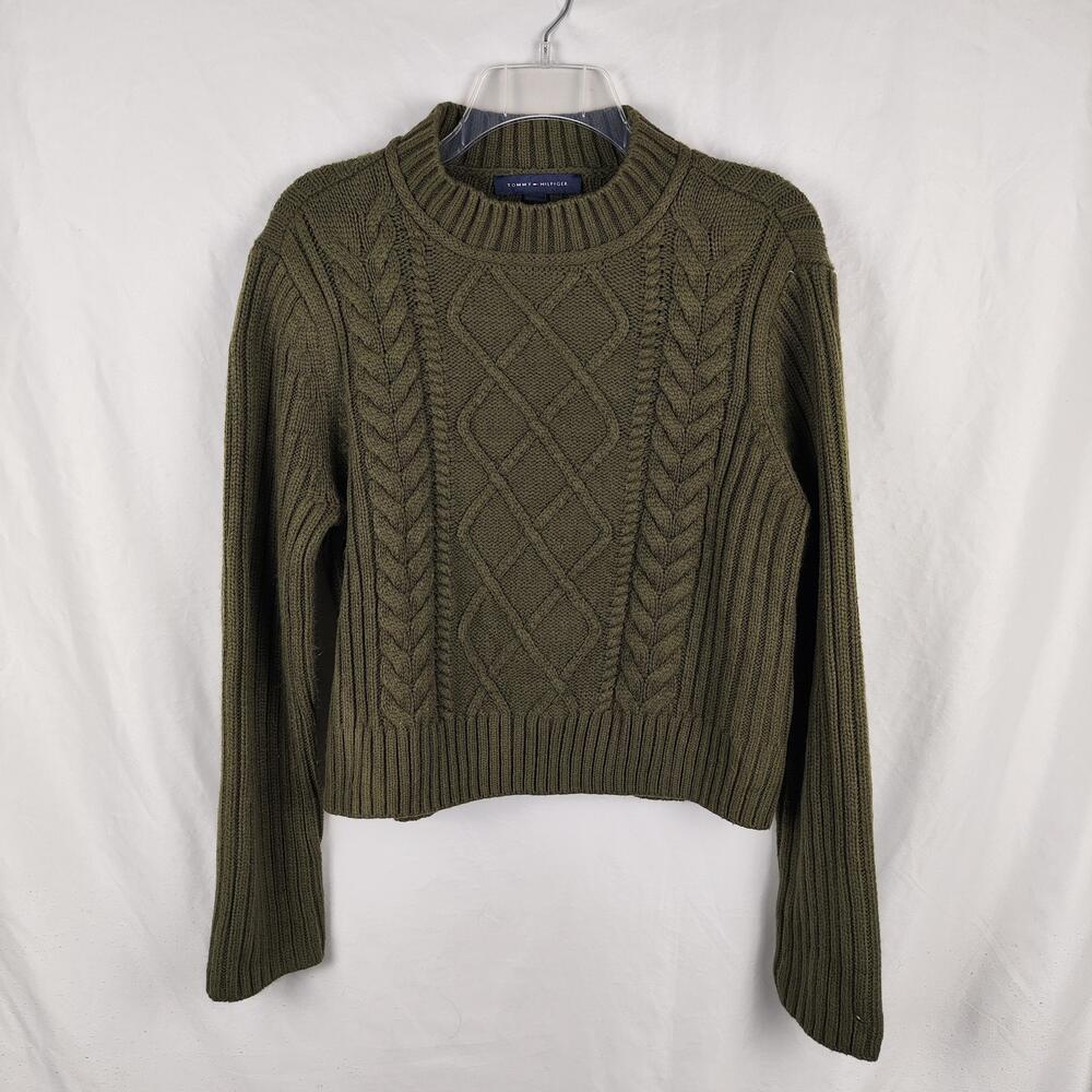 Tommy Hilfiger Sweater Womens Large Green Cable Knit Crewneck Pullover Logo